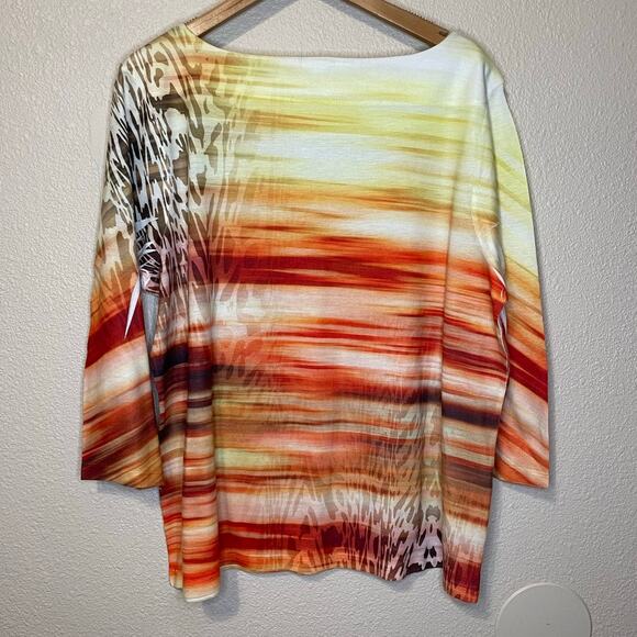 Chico's Boho Y2K Sunset Animal Print Boat Neck 3/4 Sleeve Yellow Orange Top 3 XL - Picture 7 of 12